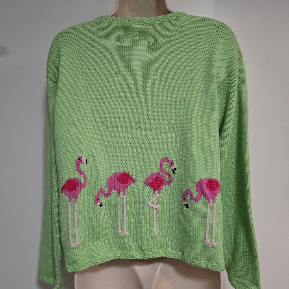 Vintage‎ 90s Rey Wear Size S Green Flamingo Hand Knit Cardigan - Picture 5 of 7